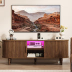 TV Console with Power Outlet-55 Entertainment Center with Sliding Tambour Door, Modern TV Stands for Living Room Bedroom, LED Media Stand with Storage Cabinet and Adjustable Shelves, Walnut