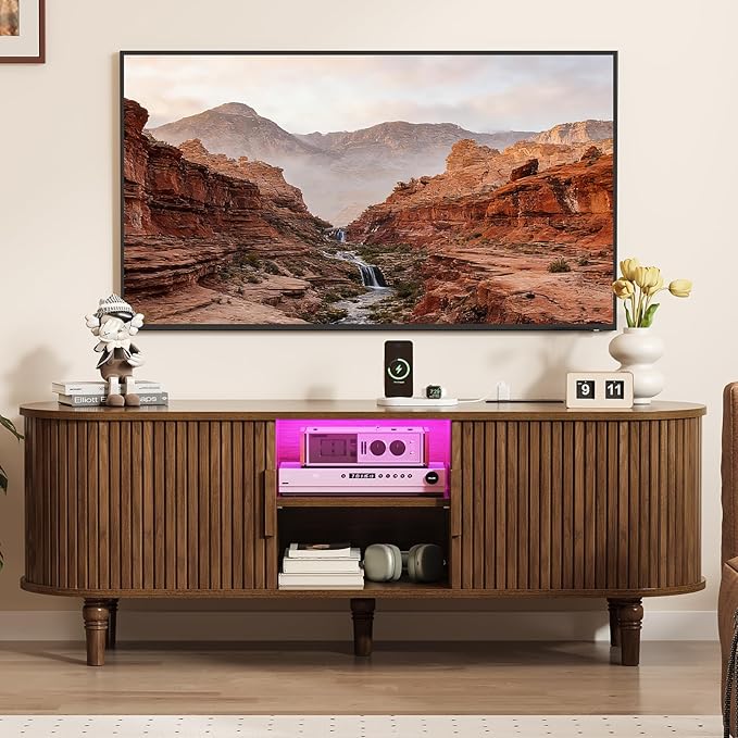 TV Console with Power Outlet-55 Entertainment Center with Sliding Tambour Door, Modern TV Stands for Living Room Bedroom, LED Media Stand with Storage Cabinet and Adjustable Shelves, Walnut