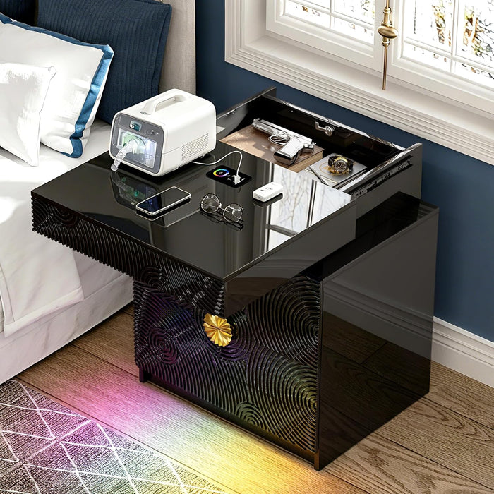 WOOVIVS Bedside Table with 2 Drawers and Sliding Top, RGB Color Changing Lights Sync with Music Rhythm, Lockable Night Stand with Secure Hidden Storage for Bedroom(Black)