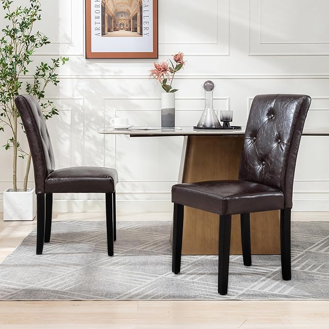VECELO Upholstered Dining Chairs Set of 6, Modern PU Leather and Solid Wood Legs & High Back for Kitchen/Living Room- Coffee