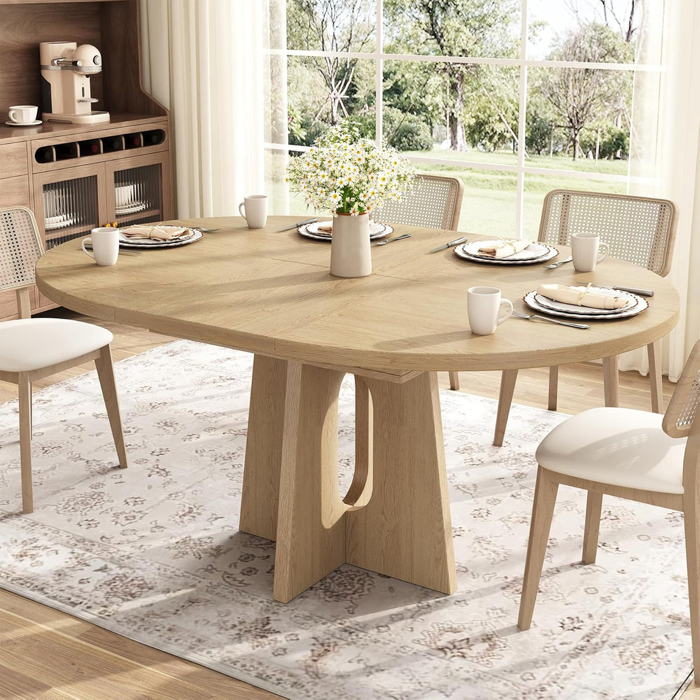Epecoya 59-Inch Extendable Round Dining Table for Dining Room, Light Oak | 4-...