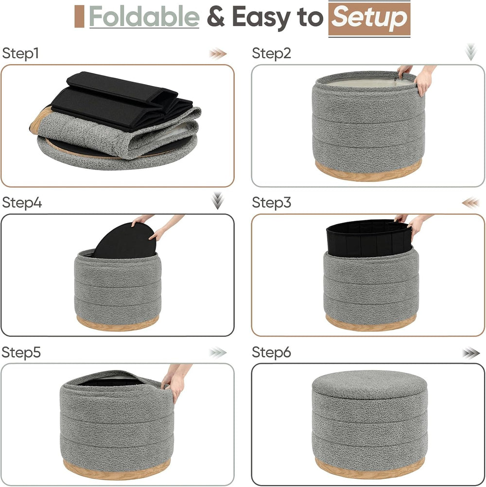 Round Storage Ottoman with Tray Lid, Folding Chenille Fabric Footrest with Hi...