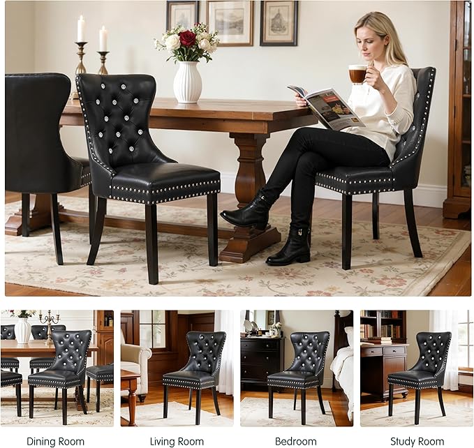 SyMax Dining Chairs Set of 6, Faux Leather Wingback Upholstered Dining Room Chairs with Diamond and Nailhead, Mid Century Modern Tufted Kitchen Chairs with Wood Legs, Black