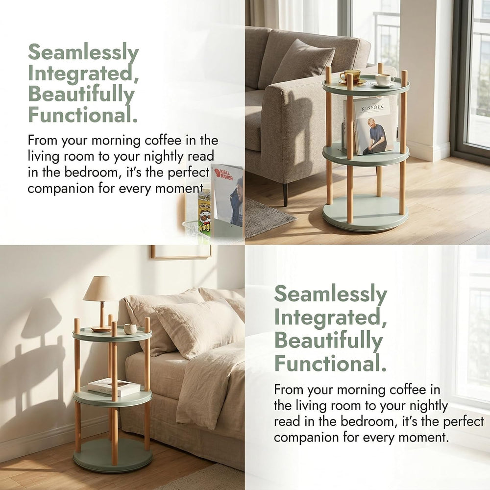 3-Tier Rotating Side Table, Round End Table with Storage Basket & Bookend...