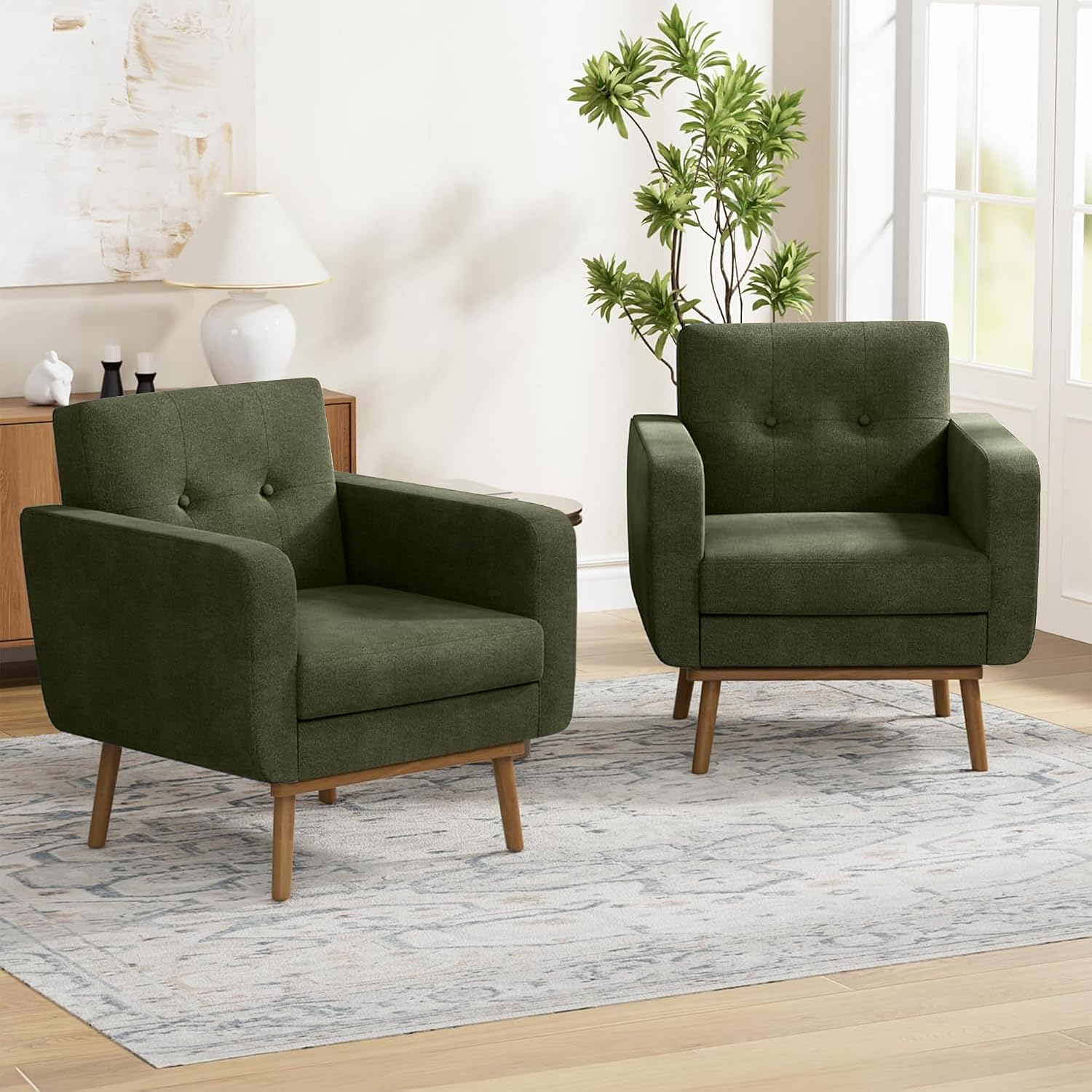 HUIMO Fabric Accent Chairs Set of 2, Living Room Chairs (2, Green) | Mid Century Modern Chair Easy to Install, Upholstered Arm Chair for Living Room Bedroom Study Office