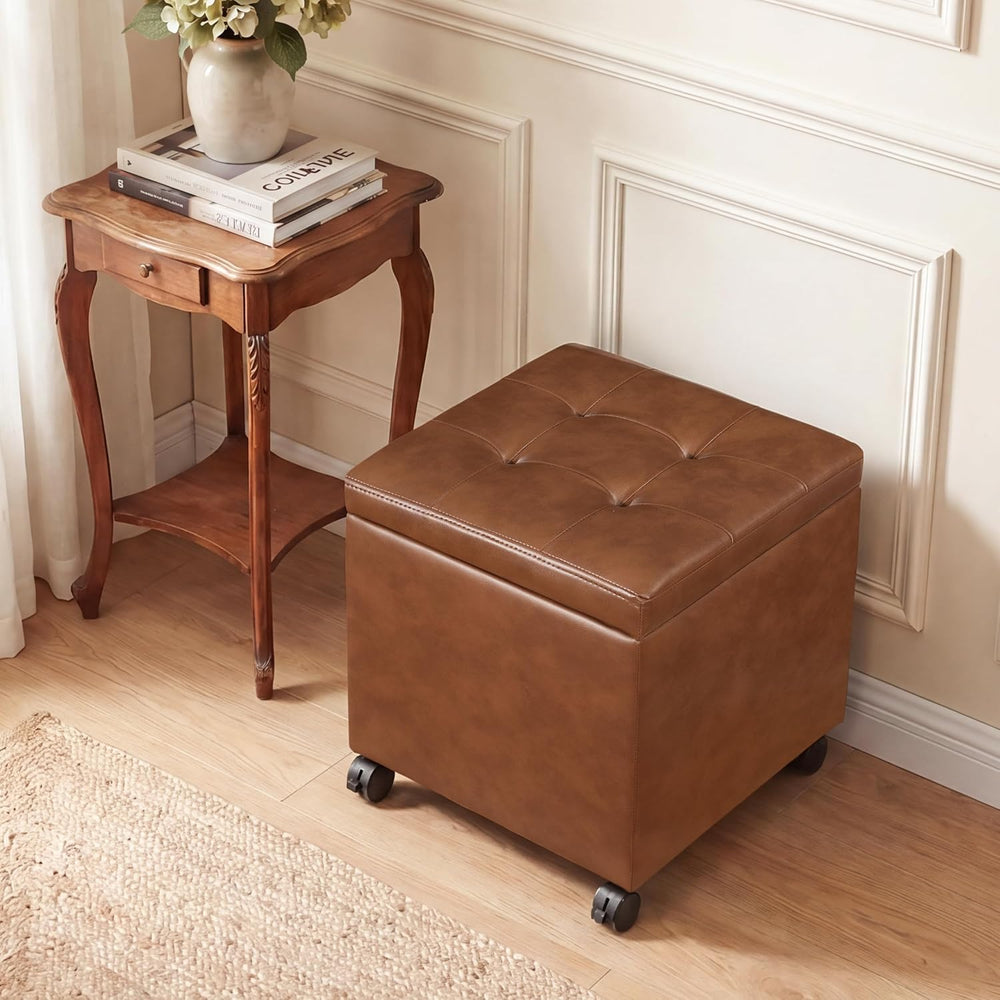15 inch Square Storage Ottoman with Wheels and Tray Lid, Faux Leather Tufted ...
