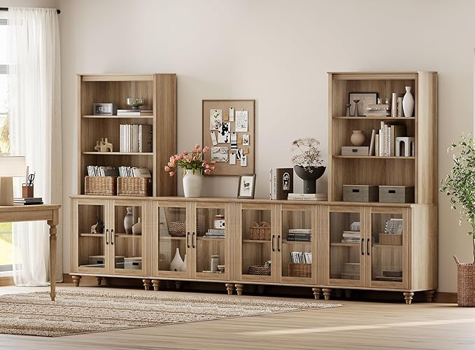 WAMPAT Entertainment Center with Bookshelves for TVs up to 75", Farmhouse Wall Unit TV Stand with Glass Doors, Media Console Table for Living Room, Bedroom & Home Theater, Oak