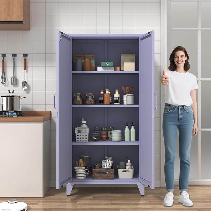 Heavy Duty 61" Lockable Pantry Cabinet, 2-Door 4-Tier Storage Cabinet with 3 Adjustable Shelves, Purple Metal Kitchen Cabinet for Kitchen, Living Room, School Tool Storage, 61"H X 27.6"W X 13.8"D