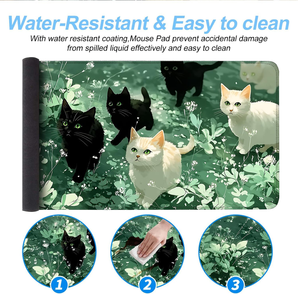 Cute Cat Mouse Pad Large Gaming Desk Mat - Kawaii Black and White Cats in Green Forest, Extended XL Mousepad with Non-Slip Rubber Base for Office, Home, PC, Laptop