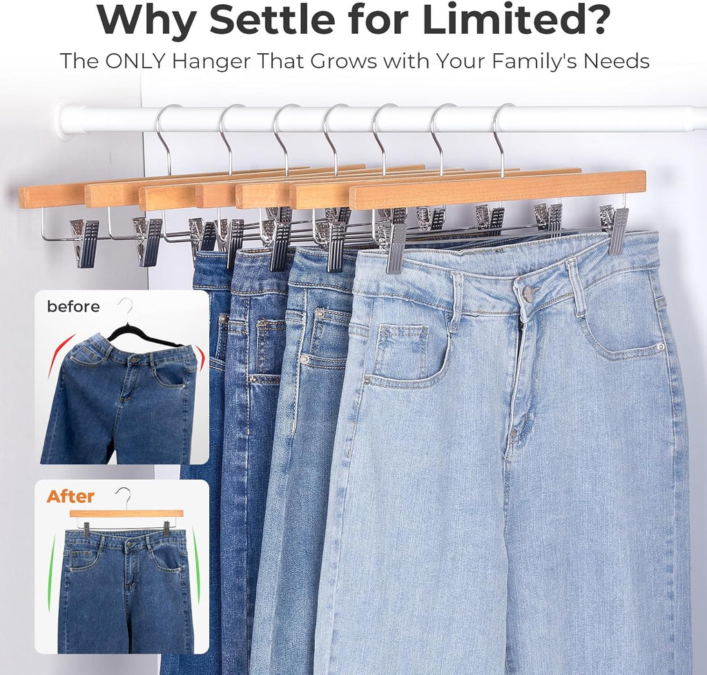 HOUSE DAY Wooden Pants Hangers with Clips, Solid Lotus Deluxe Wood Skirt Hangers, Heavy Duty & Anti-Rust Hook for Wrinkle-Free Slacks, Skirts, Jeans, Space Saving for Closet 20 Pack (Natural)