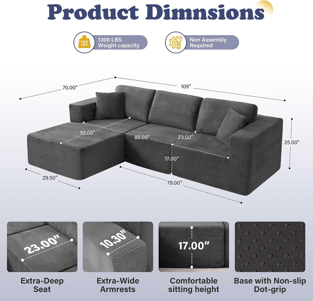 109” Cloud Sectional Couch, Boneless Modular Sofa with L-Shape Chaise, Deep Seat Corduroy Couch, No Assembly Required, Modern Upholstered Sectional for Living Room Apartment Bedroom