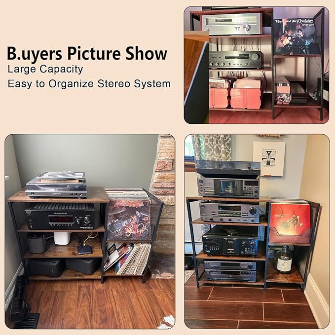 Large Record Player Stand Table with Vinyl Record Holder Up to 150PCS, AV Media Stand Stereo Cabinet Shelf Rack Tower with Storage, Sturdy, Adjustable Feet, Rustic, Large Capacity