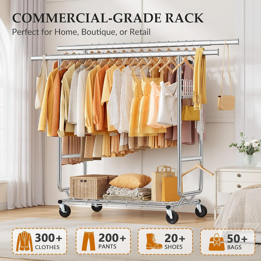 Gewudraw Clothes Rack Heavy Duty Load 900 Lbs with Wheels,Commercial,Chrome