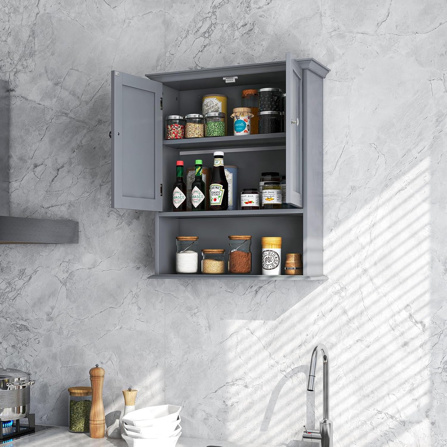 Tangkula Bathroom Wall Cabinet, Wooden Hanging Cabinet with Doors & Shelves, Multipurpose Storage Cabinet for Restroom Kitchen Living Room, Wall Mounted Bathroom Medicine Cabinet (Grey)