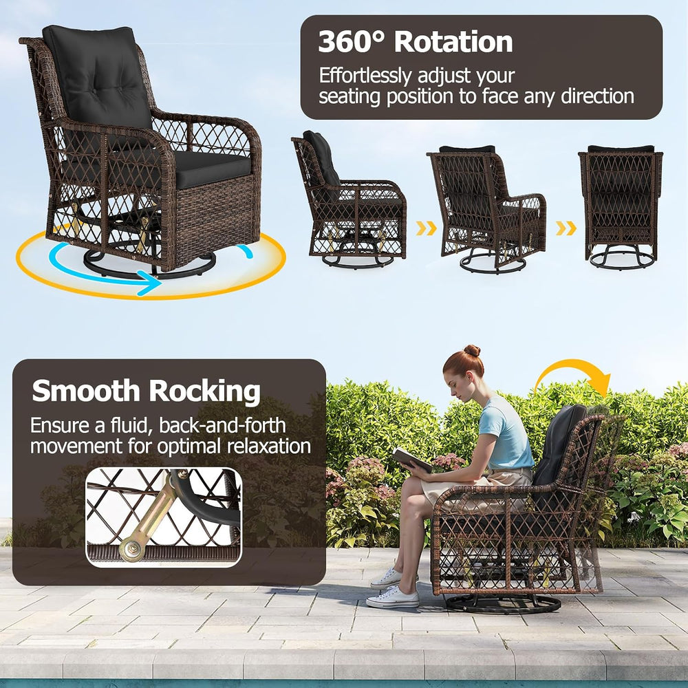 Tangkula 3 Pieces Outdoor Swivel Rocker Set, Rattan Wicker Patio Rocking Cush...