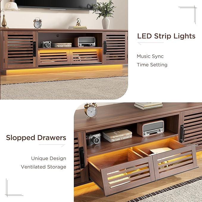 Maupvit Mid Century Modern TV Stand with LED Light for 50/55/60 inch TV, Retro Entertainment Center with Storage Cabinet & Slatted Doors & Grille Drawers, TV Media Console for Living Room, Bedroom