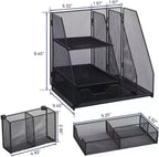 Black Mesh Desk Organizer Set, 3-in-1 Office Organizer with File Holder, Drawer & Accessories Tray, Multi-functional Desktop Storage for Stationery, Documents, Home & Office