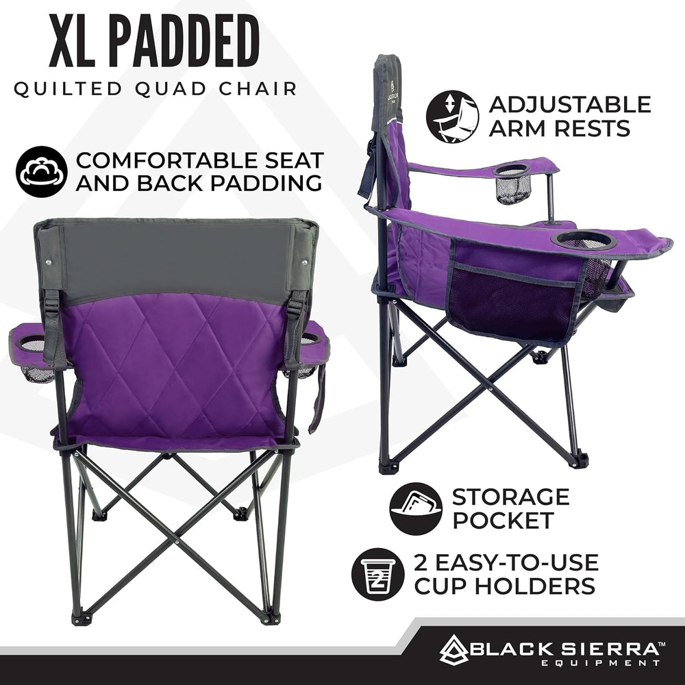 Black Sierra Quilted Padded Camping Chair, Oversized Heavy Duty Outdoor Loung...