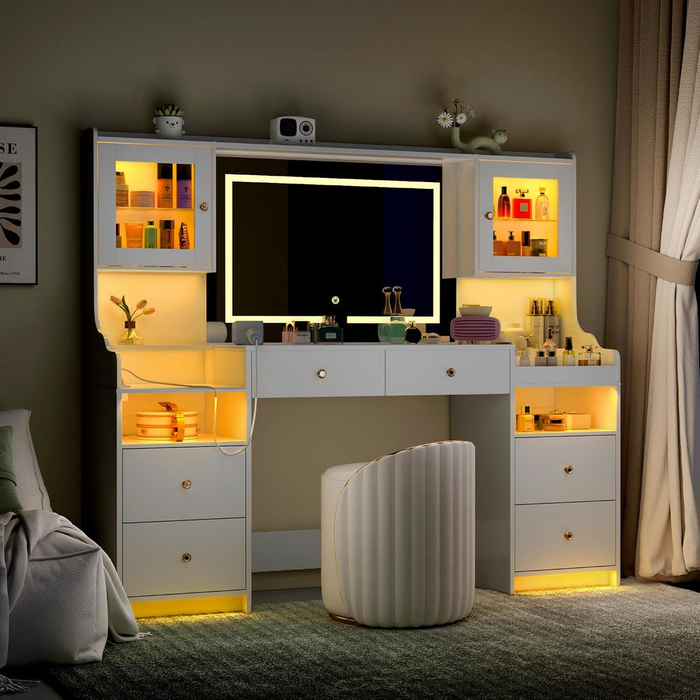 62" Large White Vanity Desk with Glass Top, Makeup Vanity with Mirror an...