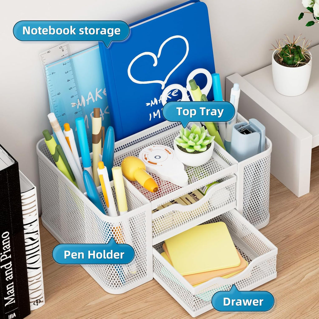 Marbrasse Mesh Desk Organizer, Pen Organizer with 2 Drawer, Multi-Functional Pencil Holder, Desk Organizers and Accessories with 5 Compartments + Drawer for Office Art Supplies (White)