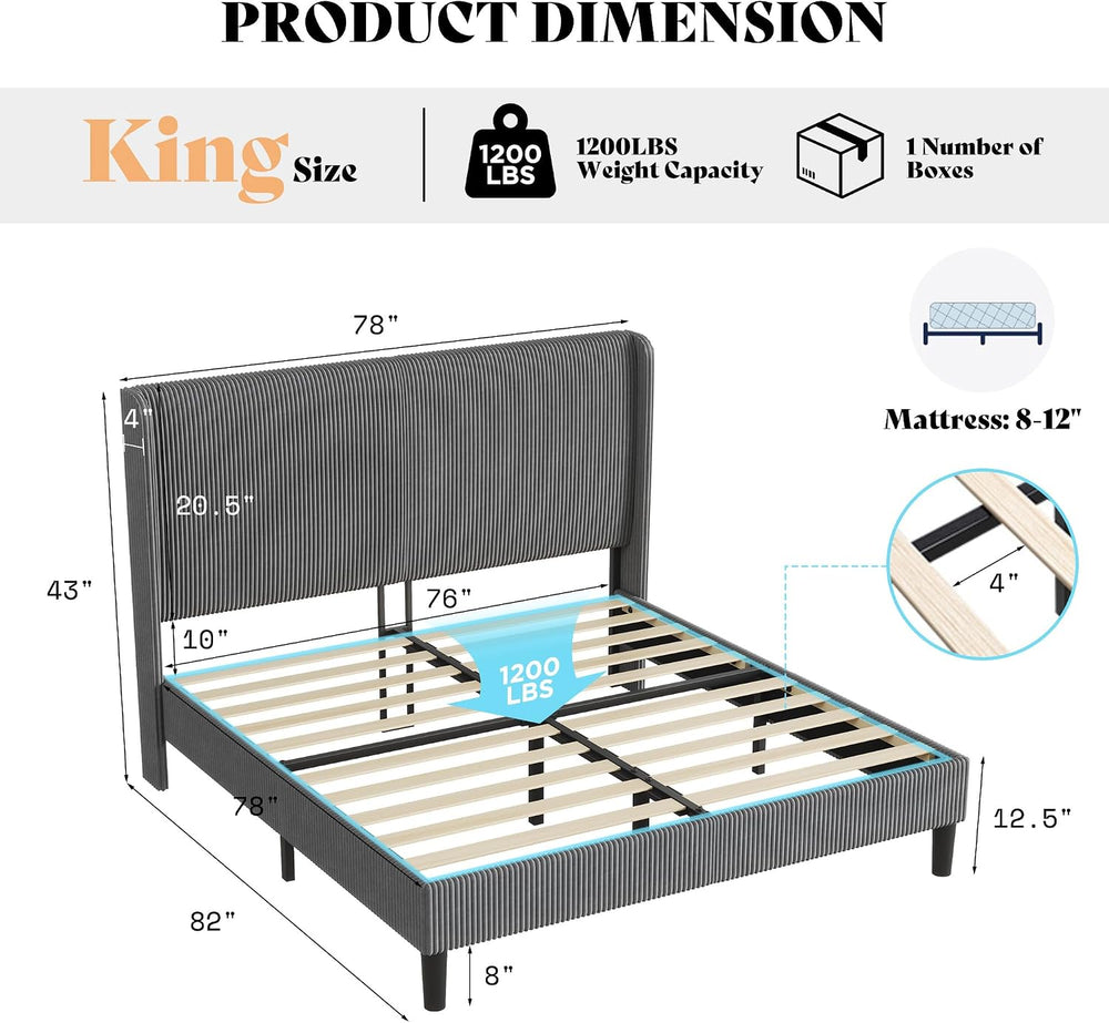 King Bed Frame, Upholstered Platform Bed with Corduroy Headboard, Grey