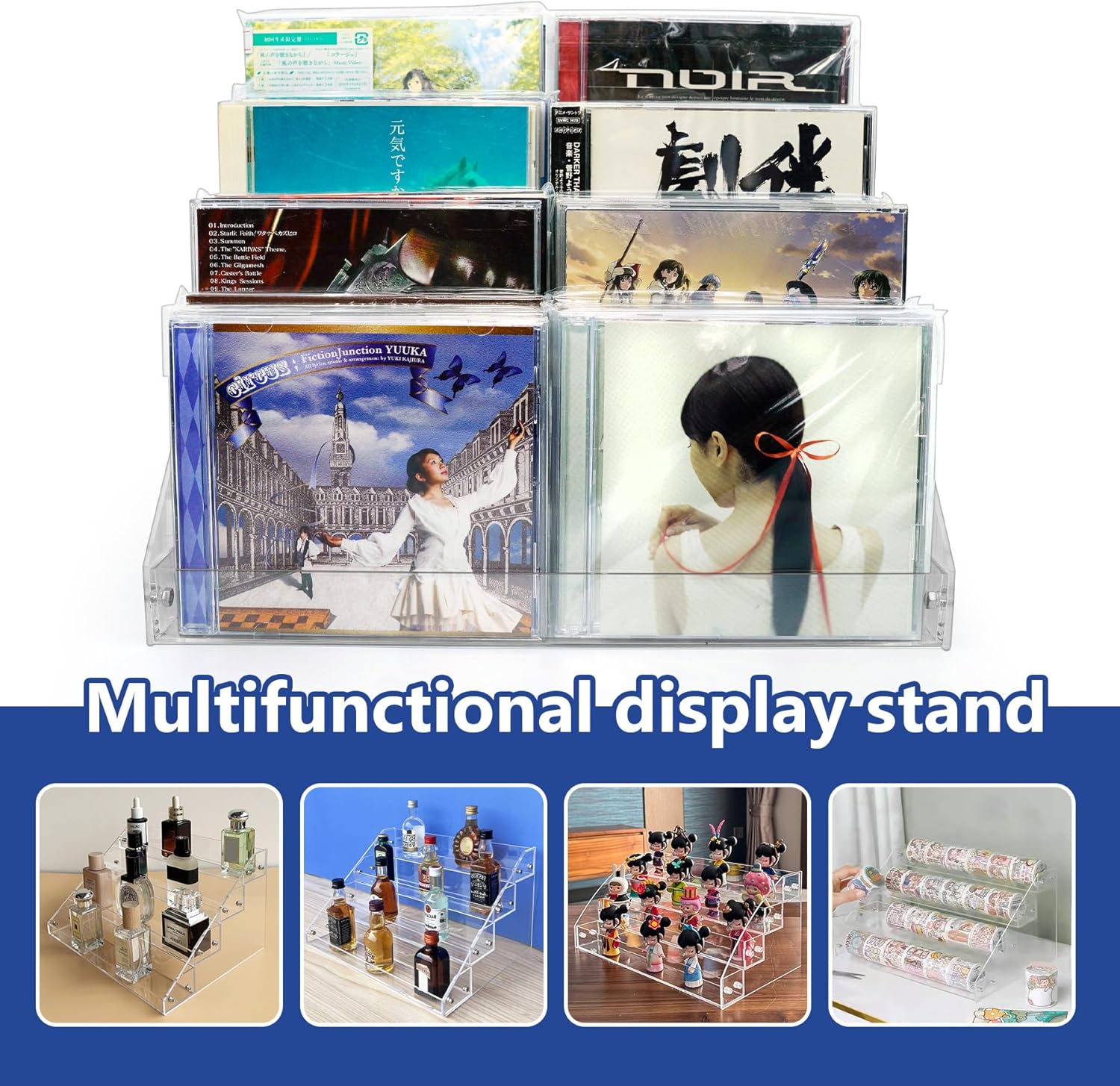 4Tier Clear Acrylic CD Holder - Cascading CD & DVD Storage Rack with Vinyl Record Stand - Holds up to 32 Cases (Large, Clear)
