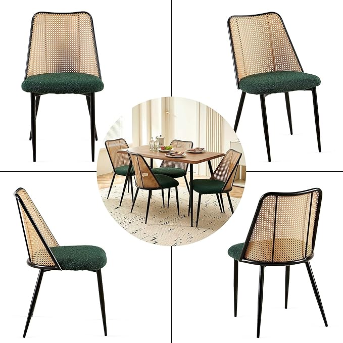 Modern Kitchen Dining Table Set for 4, 5 Pieces Wooden Breakfast Dining Table Set with 4 Upholsetered Boucle Dining Chairs Rattan Backrest,Metal Legs for Dining Room,Living Room