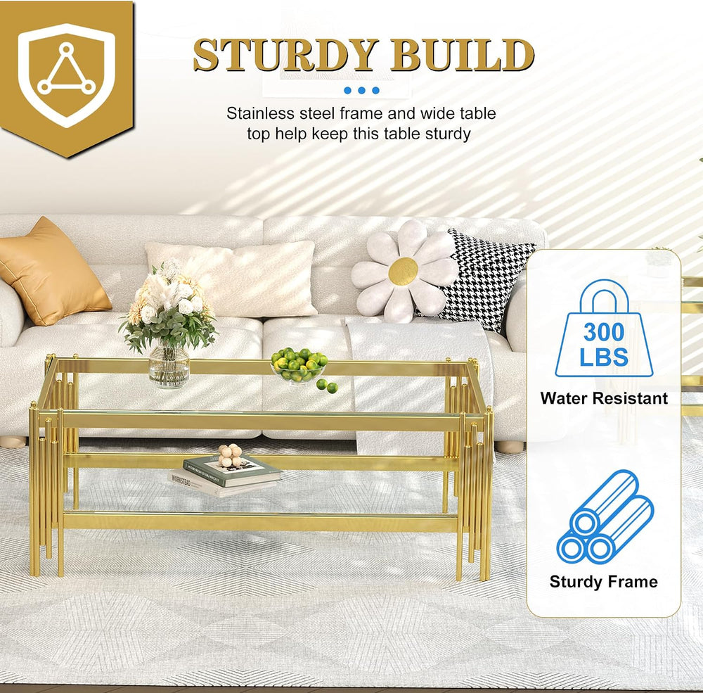 AF ARTISAN FURNITURE Glass Coffee Table Set of 3, Gold 2-Tier Clear Tempered ...