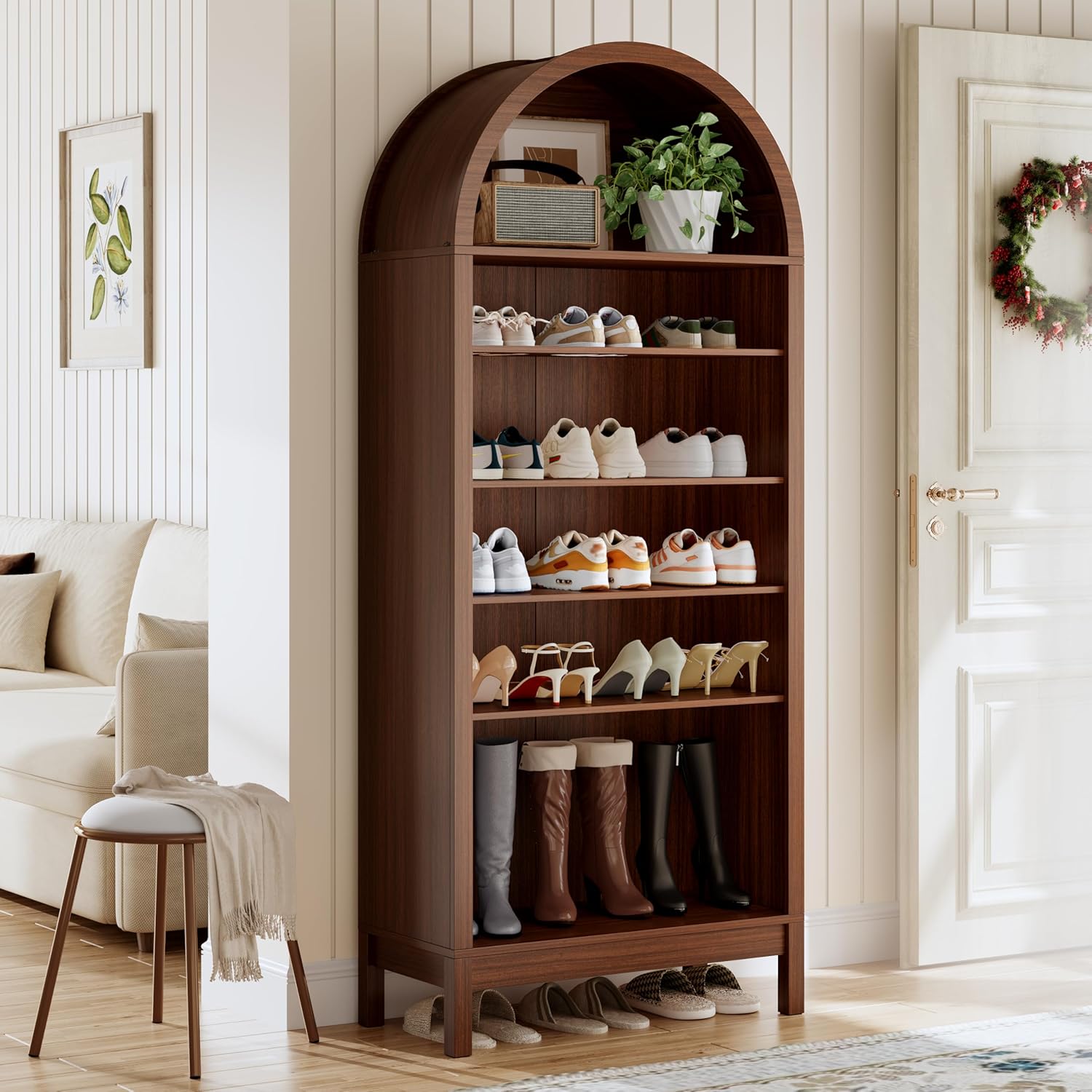 70" Tall Arched Shoe Cabinet, 7-Tier Shoe Rack with 3 Adjustable Shelves, Large Freestanding Shoe Organizer for Entryway, Closet, Hallway, Living Room (Walnut Brown)