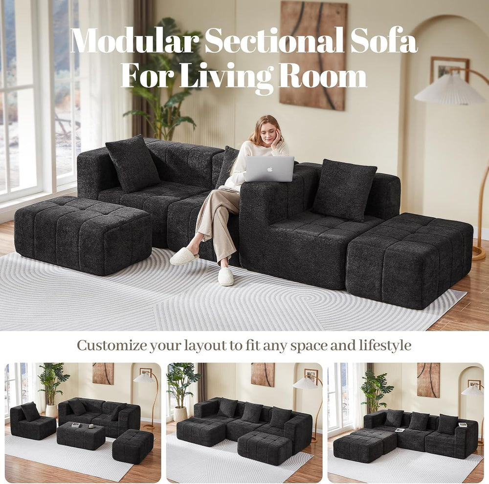 Modular Sectional Sofa with Deep Seat, Cloud Couch with 2 Movable Ottoman, No...