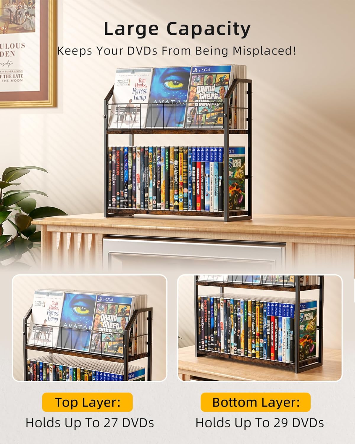 2-Tier DVD Storage Rack, DVD Shelf for Non-slip Feets, DVD Holder Display with 10 lb per Tier, Stores Up to 56 DVDs, Display Organizer Tower for Music Enthusiasts and Collection
