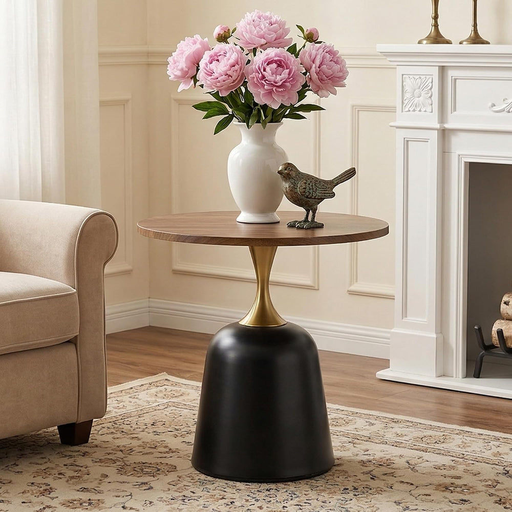 Round Side Table, 23.6 Inch, Walnut Wood Top with Black and Gold Metal Base, ...