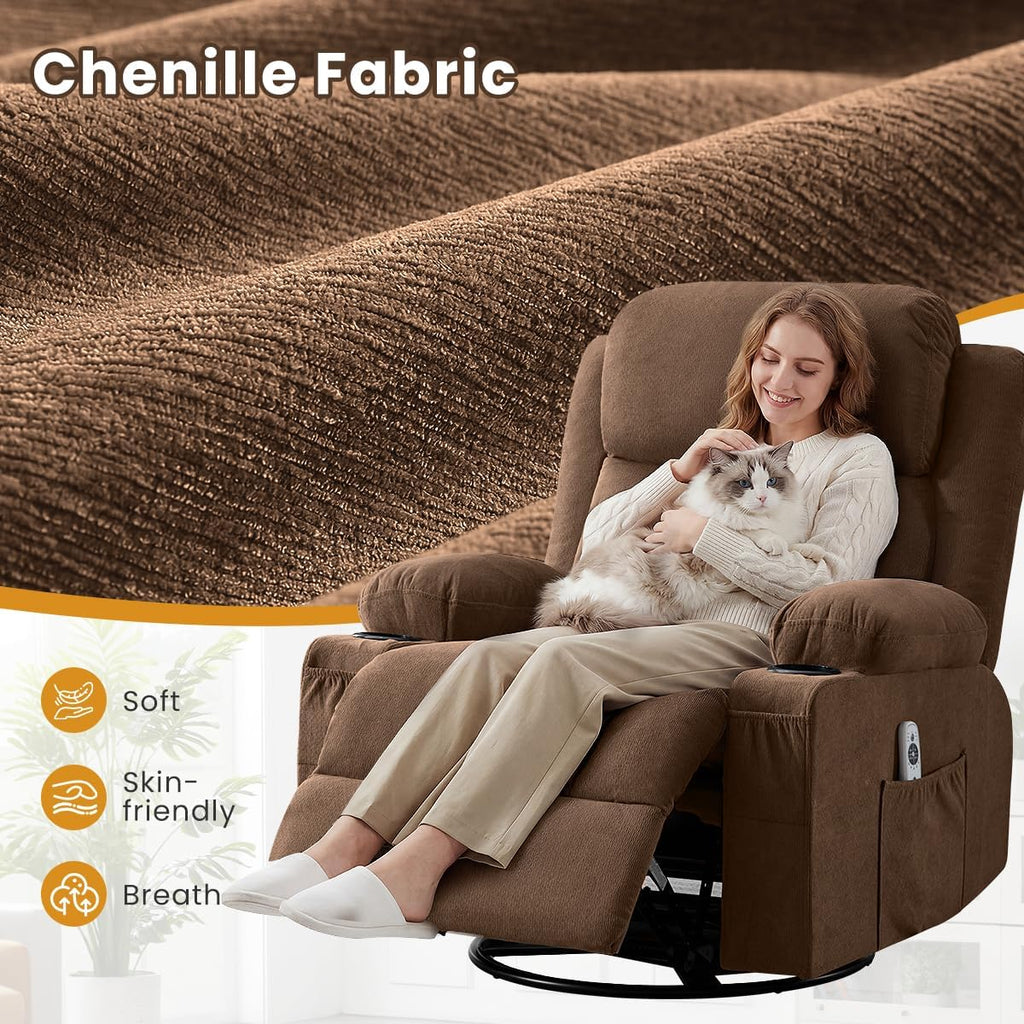 Swivel Rocker Recliner Chair with Vibration Massage & Lumbar Heating, Ergonomic Lounge Chair for Living Room, Rocking Function, Side Pocket, 2 Cup Holders, USB Charging Port