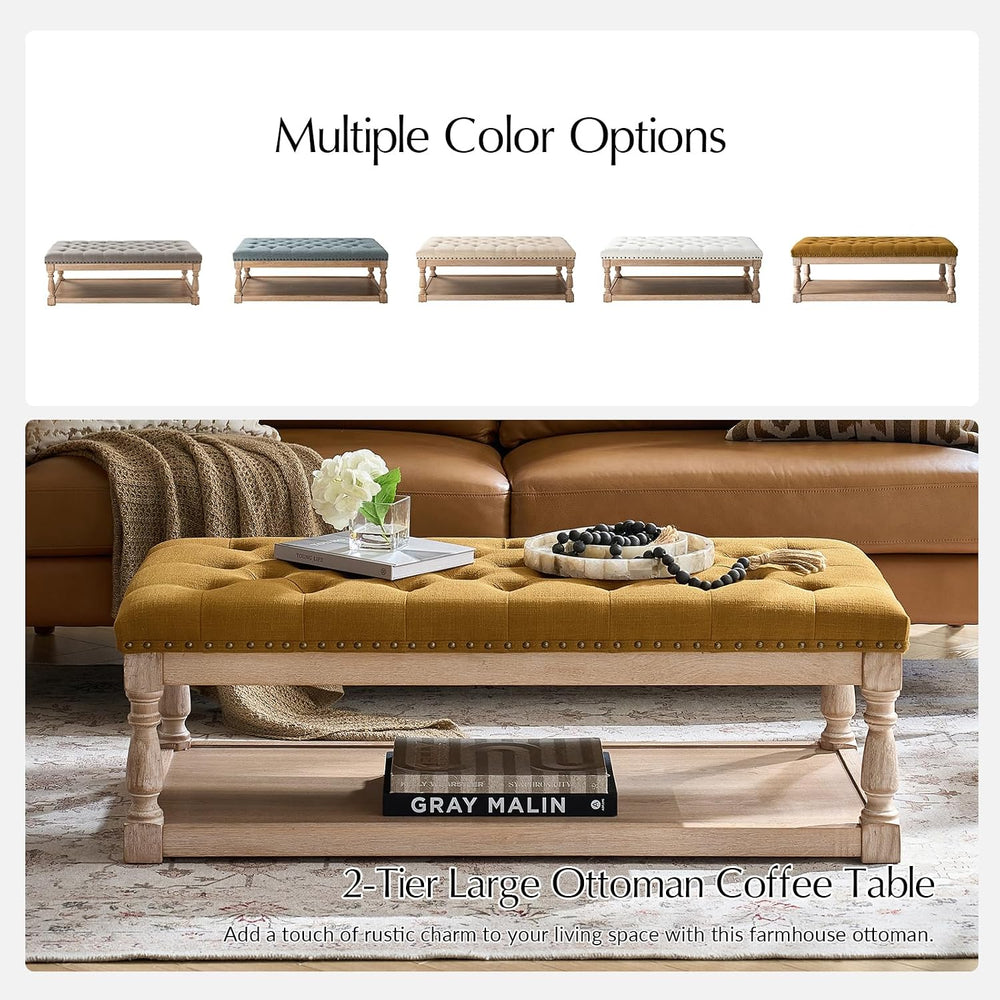 HULALA HOME Storage Tufted Ottoman Coffee Table with Solid Wood Legs, Golden