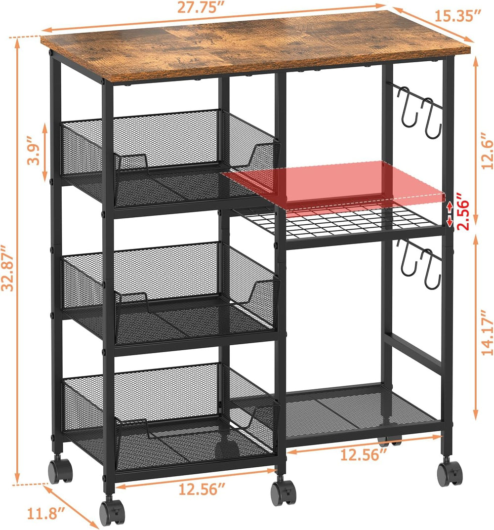 Rolling Kitchen Storage Microwave Cart, Kitchen Island with Adjustable Shelf ...