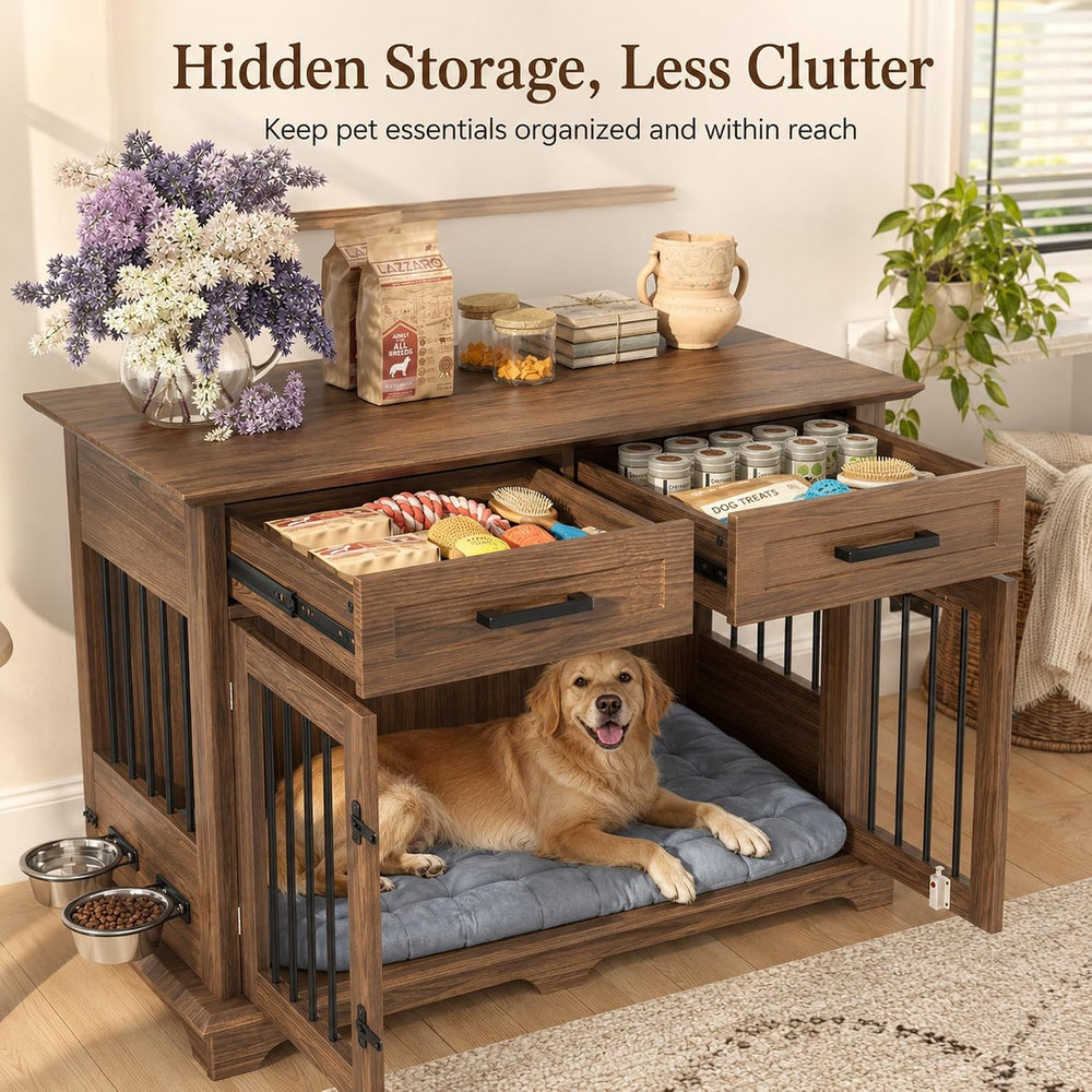 44.48" Large Dog Crate Furniture End Table (Brown) | 2 Storage Drawers, ...