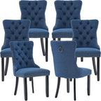 Modern Dining Chairs Set of 6, Tufted Upholstered Dining Chairs with Solid Wood Legs, Blue Linen Fabric Kitchen Chair, Sillas de Comedor, Comfy Kitchen Chair (Blue, Linen, 6Pcs)