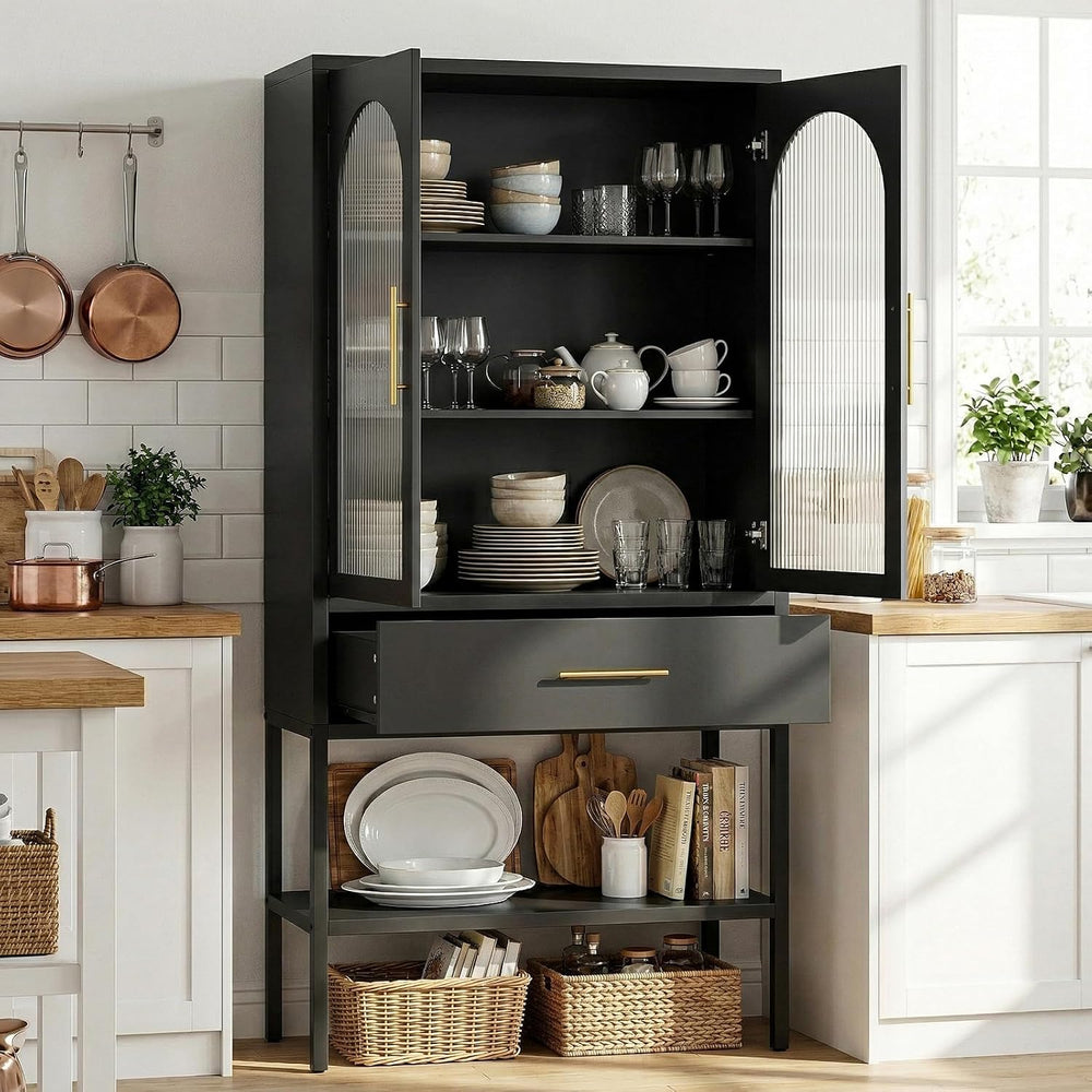 63" Tall Metal Storage Cabinet with Glass Doors, Kitchen Pantry Cabinet ...