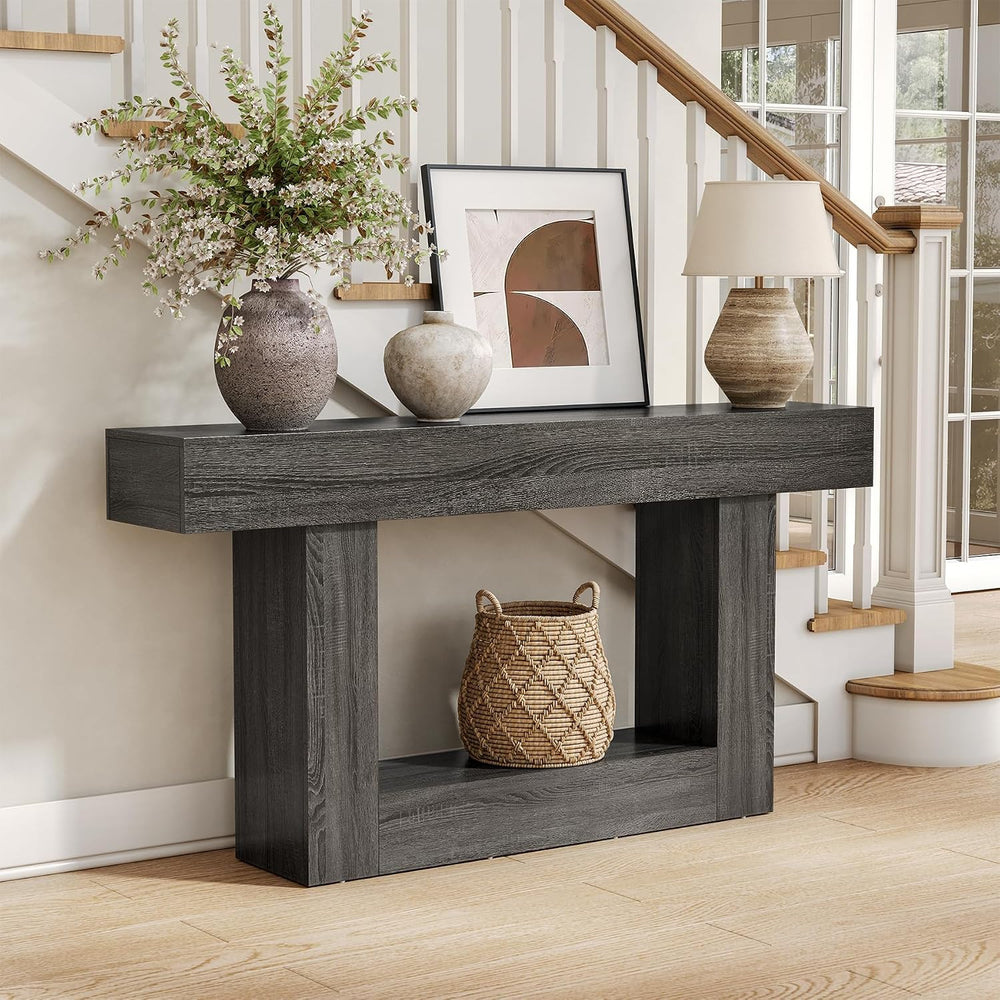LITTLE TREE 63 Inches Long Console Table, 2-Tier Farmhouse Sofa Table Behind ...