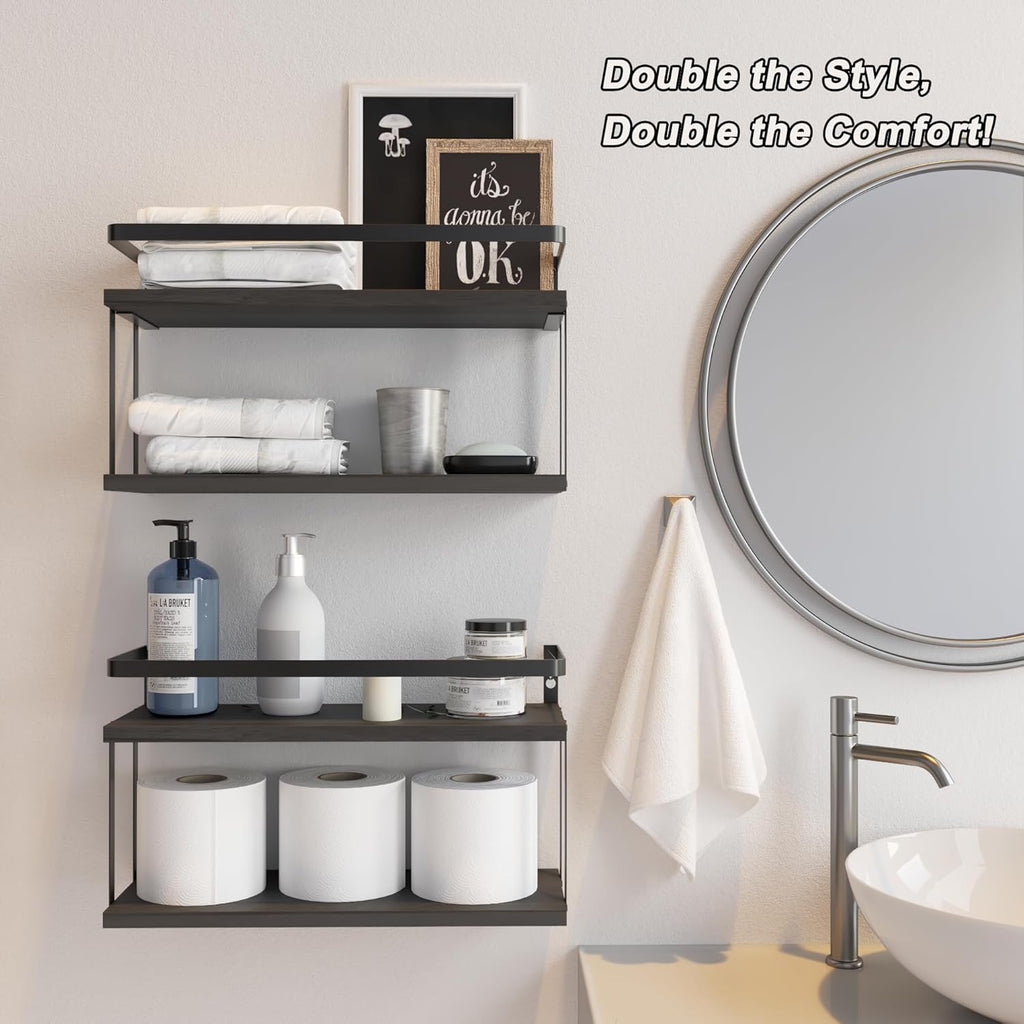 RICHER HOUSE Dual-Level Guardrail Floating Shelves, Rustic Wood Bathroom Shelf Wall Mounted, Over Toilet Paper Storage Shelves for Wall Decor, Bathroom Organizers - Black