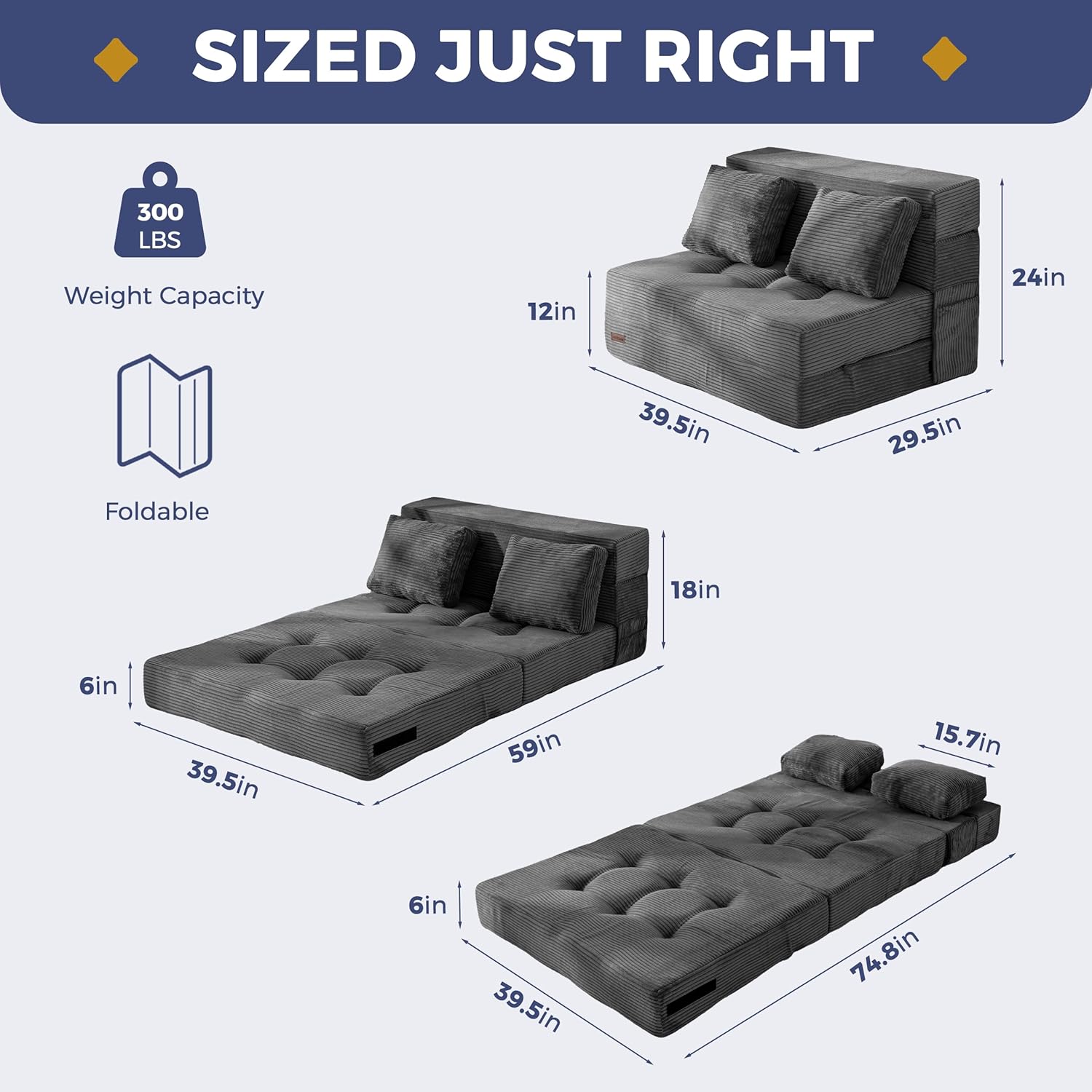 MAXYOYO Convertible Sofa Bed, Fold Out Sofa Couch with Pillow for Adults | Loveseat Sofa 4 in 1 Tufted Folding Couch Bed Foam Floor Couch, Lazy Chair for Living Room Bedroom Guest Room, Dark Grey