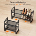ELYKEN Expandable Shoe Rack for Closet, 2-Tier Metal Black Shoe Organizer | Adjustable Height Shoe Shelf for Boots, Heels, with 4 Hooks, Stackable Shoe Stand Holder for Entryway, Garage, Door Entrance