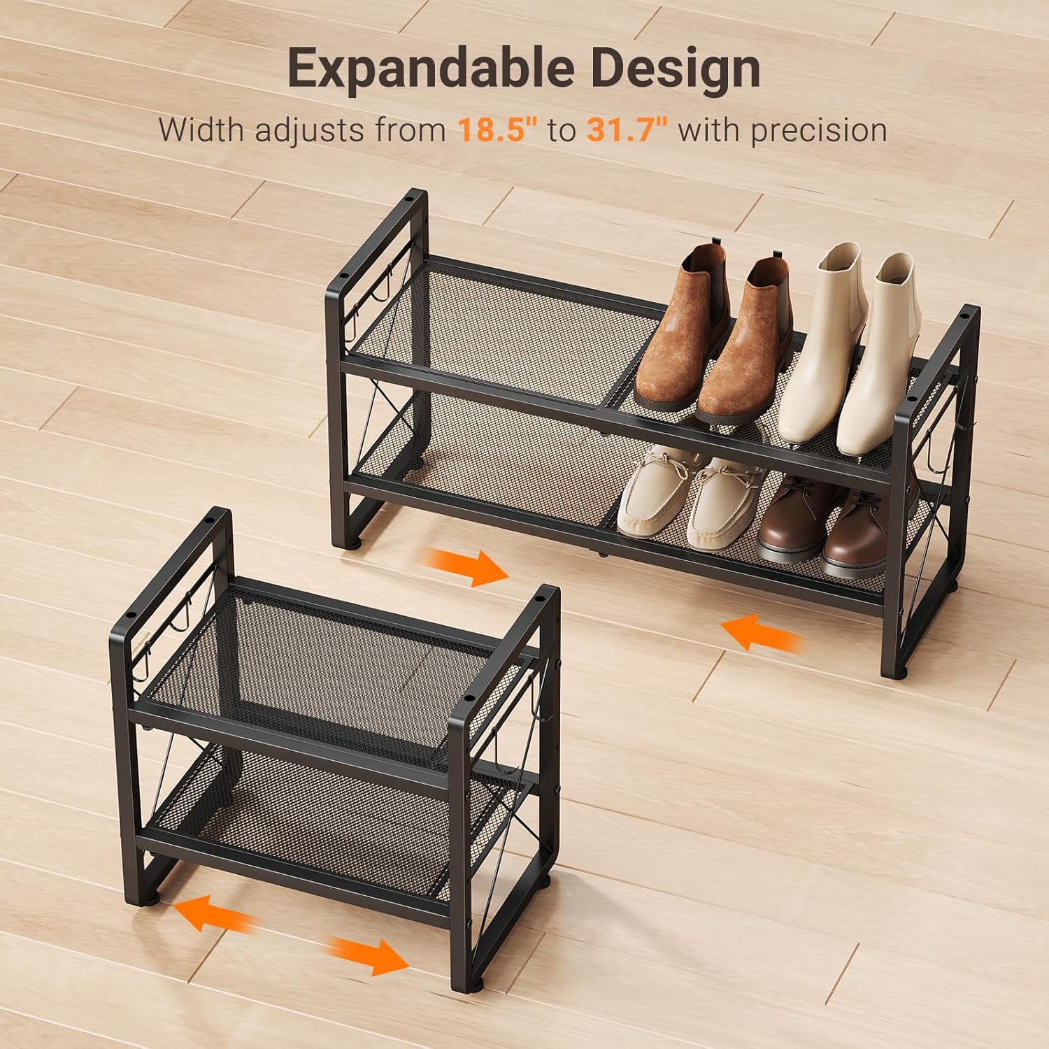 ELYKEN Expandable Shoe Rack for Closet, 2-Tier Metal Black Shoe Organizer | Adjustable Height Shoe Shelf for Boots, Heels, with 4 Hooks, Stackable Shoe Stand Holder for Entryway, Garage, Door Entrance