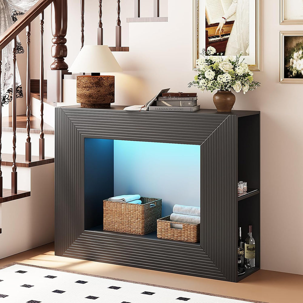VINGLI 43" Fluted Entryway Table with Storage Shelves and Lights, Black ...