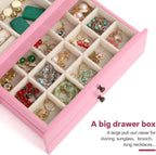 Meangood Jewelry Box Organizer for Women, 3 Layer Large Jewelry Storage Case, Rustic Wooden Jewelry Box with Mirror & Ring Tray for Necklace Earring Bracelets Rings, Vintage Style (Pink)
