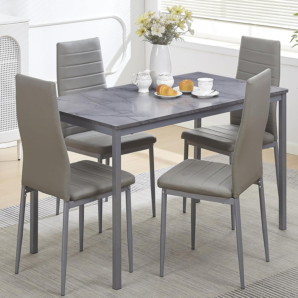 5-Pieces Dining Room Set for 4 Marbled Dining Table with Chairs Retangular Ki...