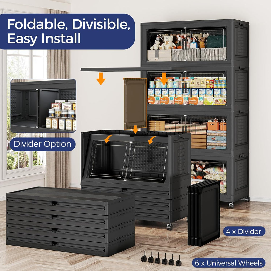120GAL Extra Large Storage Bins with Lid, 480Qt Stackable Closet Organizers and Drawers, Collapsible Storage Bins with Wheels, Folding Containers for Home, Kitchen Office, 3Pack Black