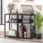 LELELINKY Large Rustic Grey Record Player Stand, 3 Tier 18" Wide Big End Table with Vinyl Storage Up to 130 Albums, Industrial Turntable Printer Tables, Modern Side Tables for Living Room, Office