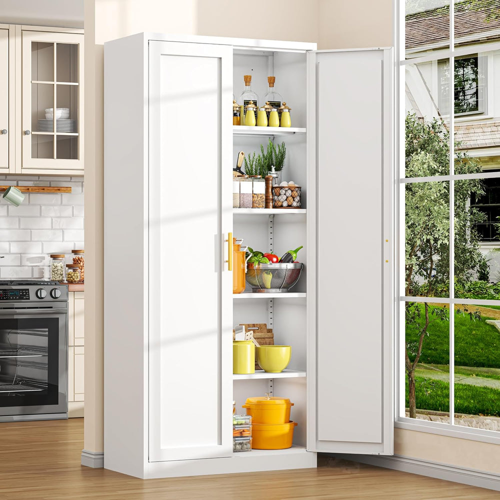 CJF White Kitchen Pantry Cabinet,71 Inch Tall Metal Storage Cabinet with 4 Ad...