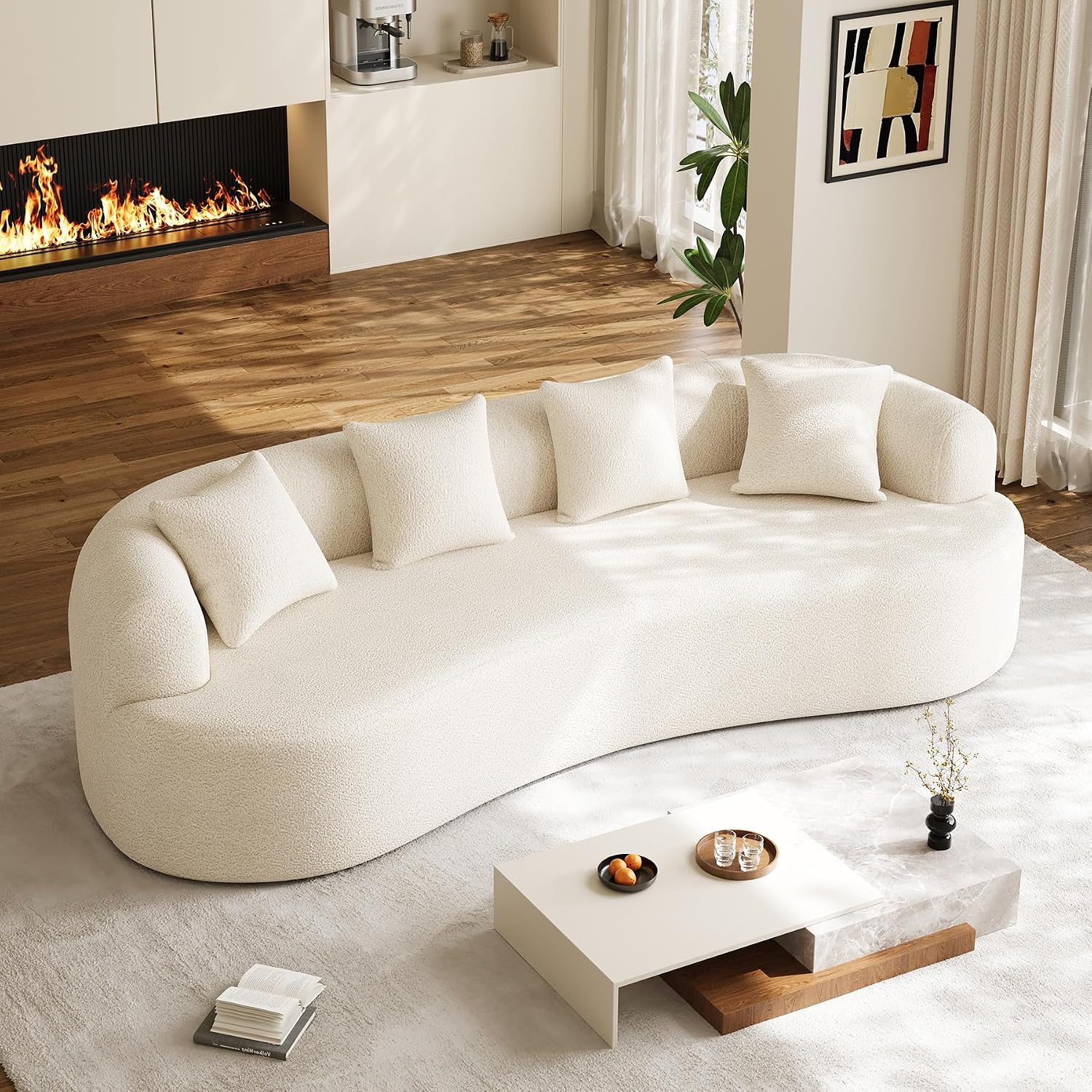Modern Curved Couch,Oversized 4 Seater Boneless Chenille Sofa,Cream White | Oversized Curved Sofa with Deep Seats,High Foam and 4 Pillows,Cloud Couch for Living Rooms,Bedrooms ,Apartments,No Assembly